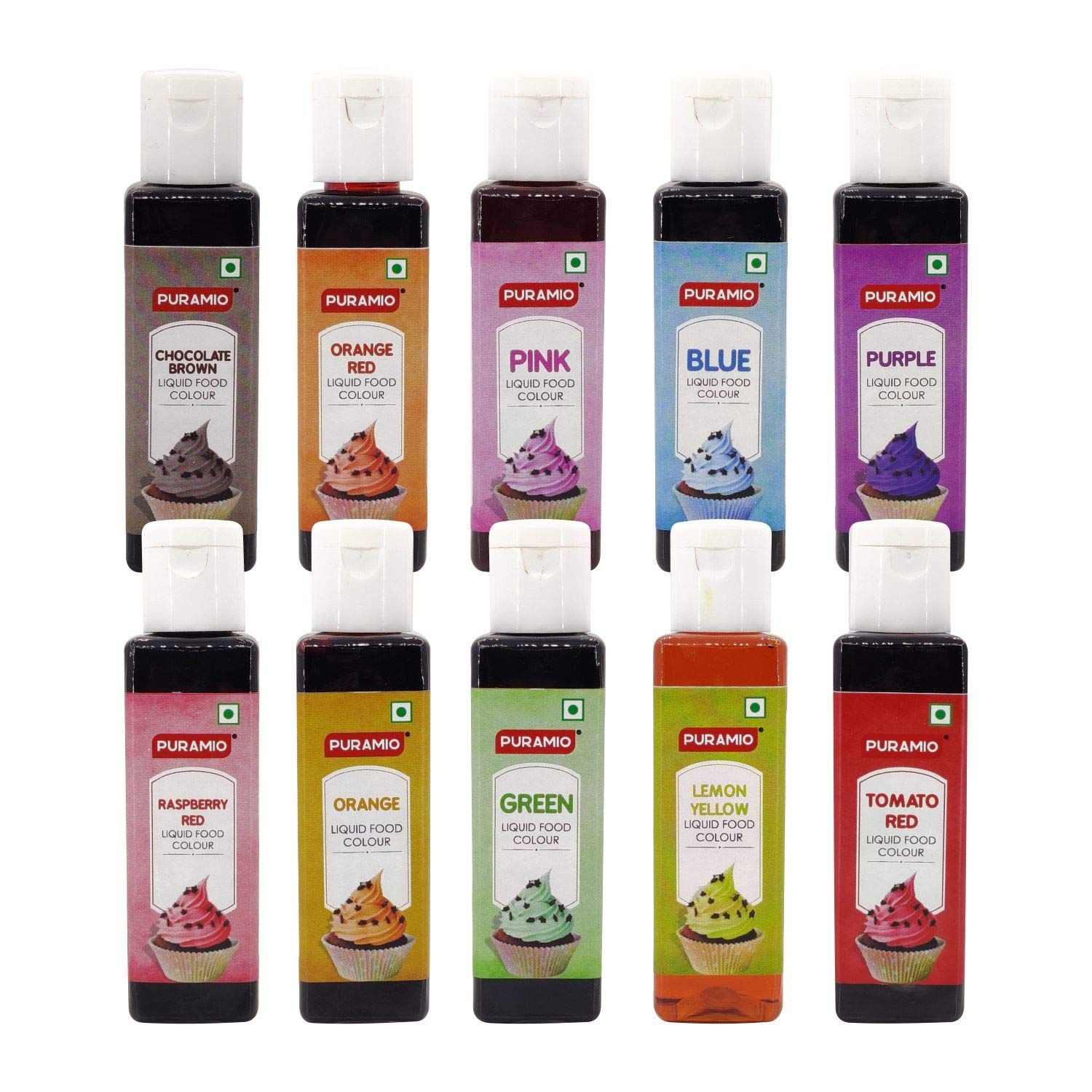 Puramio Assorted Liquid Food Colours (Tomato Red, Lemon Yellow, Orange Red, Orange, Raspberry Red, Blue, Purple, Green, Pink, Chocolate Brown), 50 ml Each - Pack of 10
