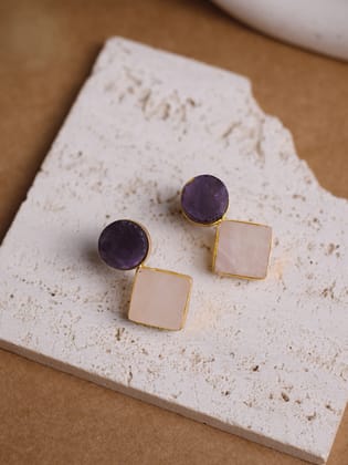 Amethyst Circle Two Stone Crystal Earring (Amethyst + Rose Quartz)