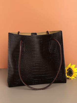 Black Textured Vegan Leather Tote Bag With Pouch Set-Sling Bag
