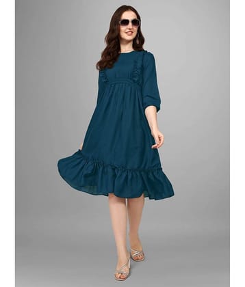 Femvy Women Polyester Solid Fit & Flare Dress ( Blue )