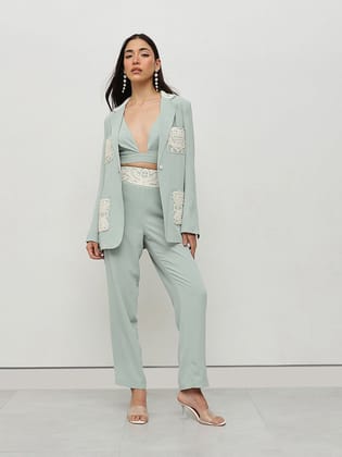 Mint Embroidered Power Suit