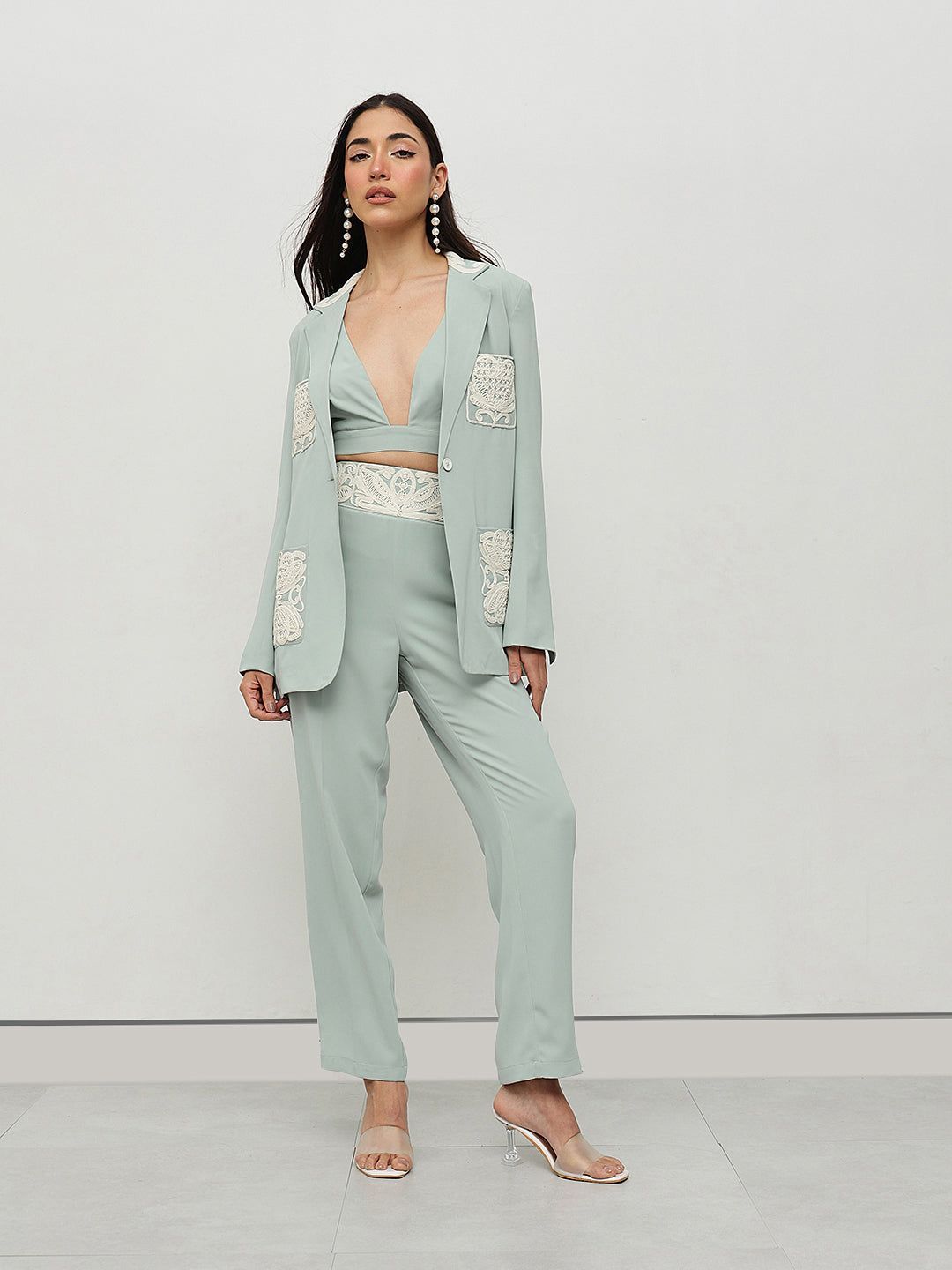 Mint Embroidered Power Suit