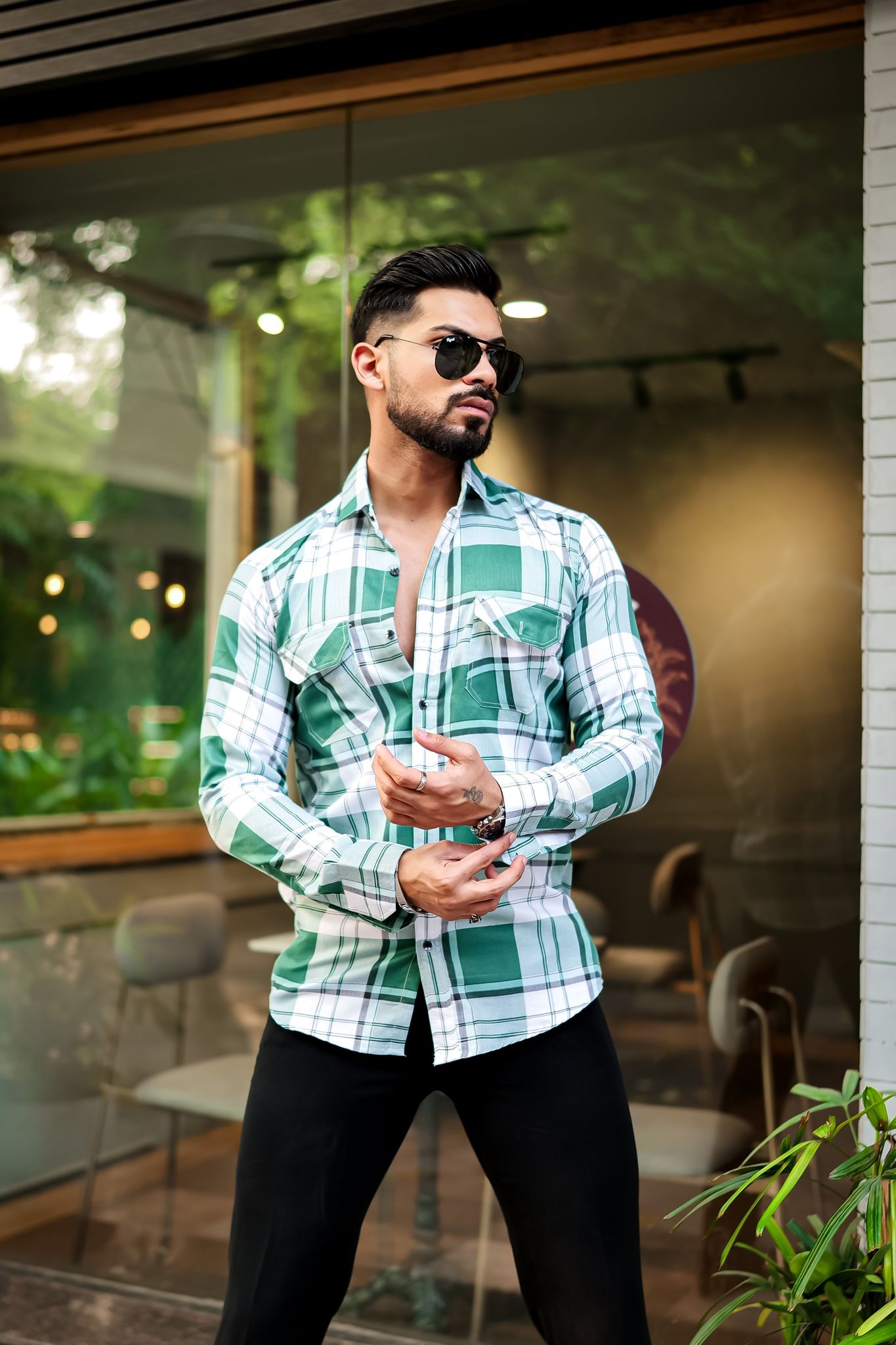 Green Double Pocket Checkered Shirt