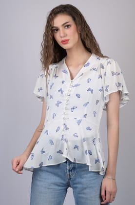 White Embellished Butterfly Print  V-Neck Flutter Sleeves Peplum Top (OTL-TPS1009)-White / XS
