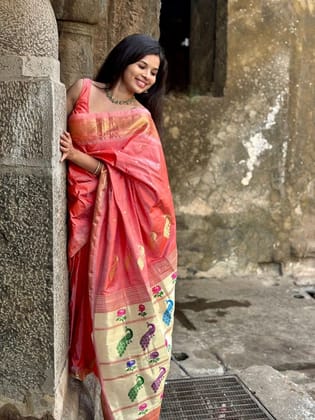 Parampara ~ Handloom Pure Silk Paithani Saree with Traditional Peacock Lotus Pallu ~  Peach