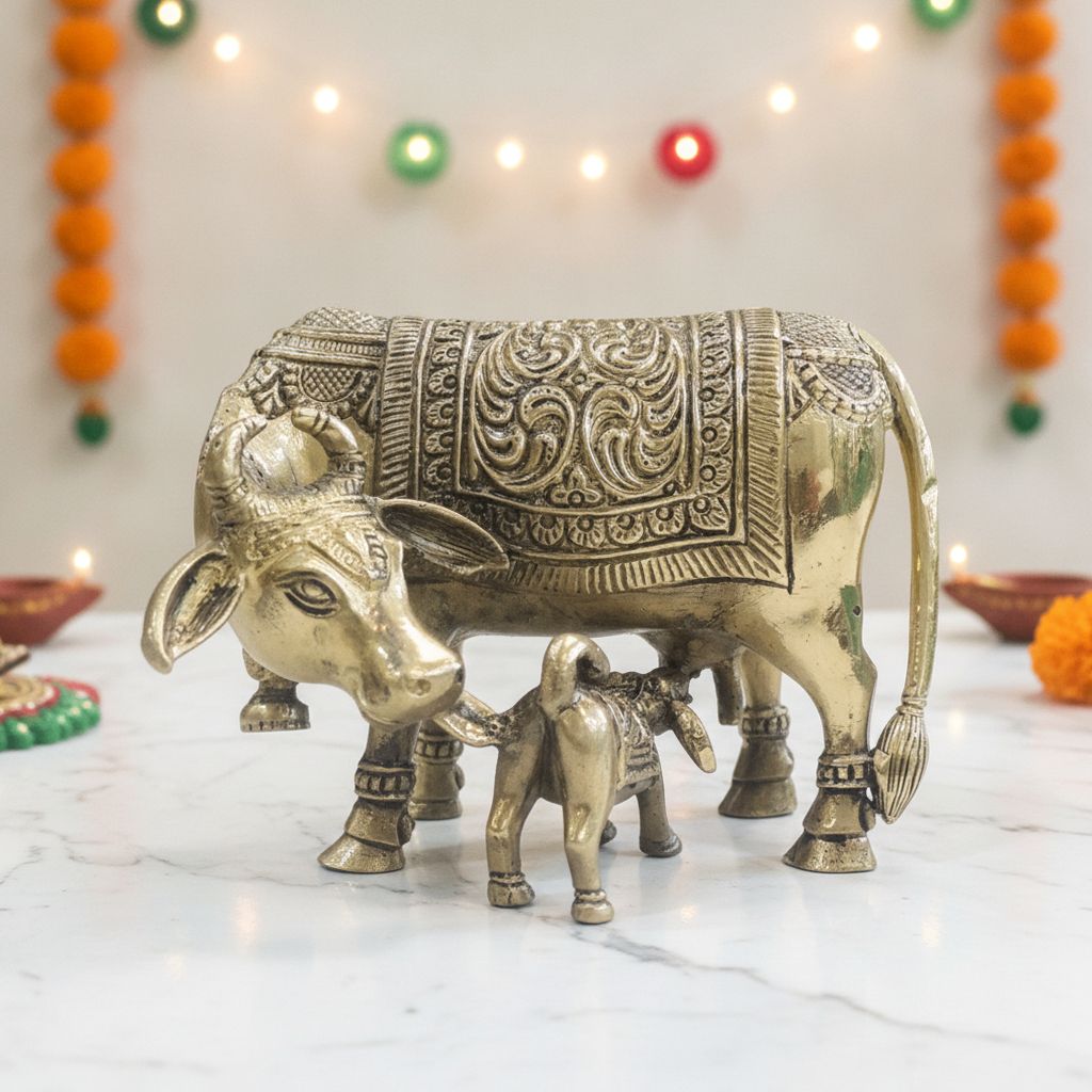 Brass Cow & Calf Idol Statue, Height : 3.2 Inch (BSMAS1771 C) - Pooja Needs | Buy online on ZillyBuy