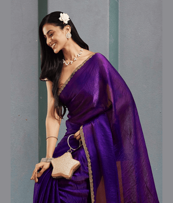 Indy Bliss Chiffon Solid Chanderi saree With Unstitched Blouse Piece ( Silver )