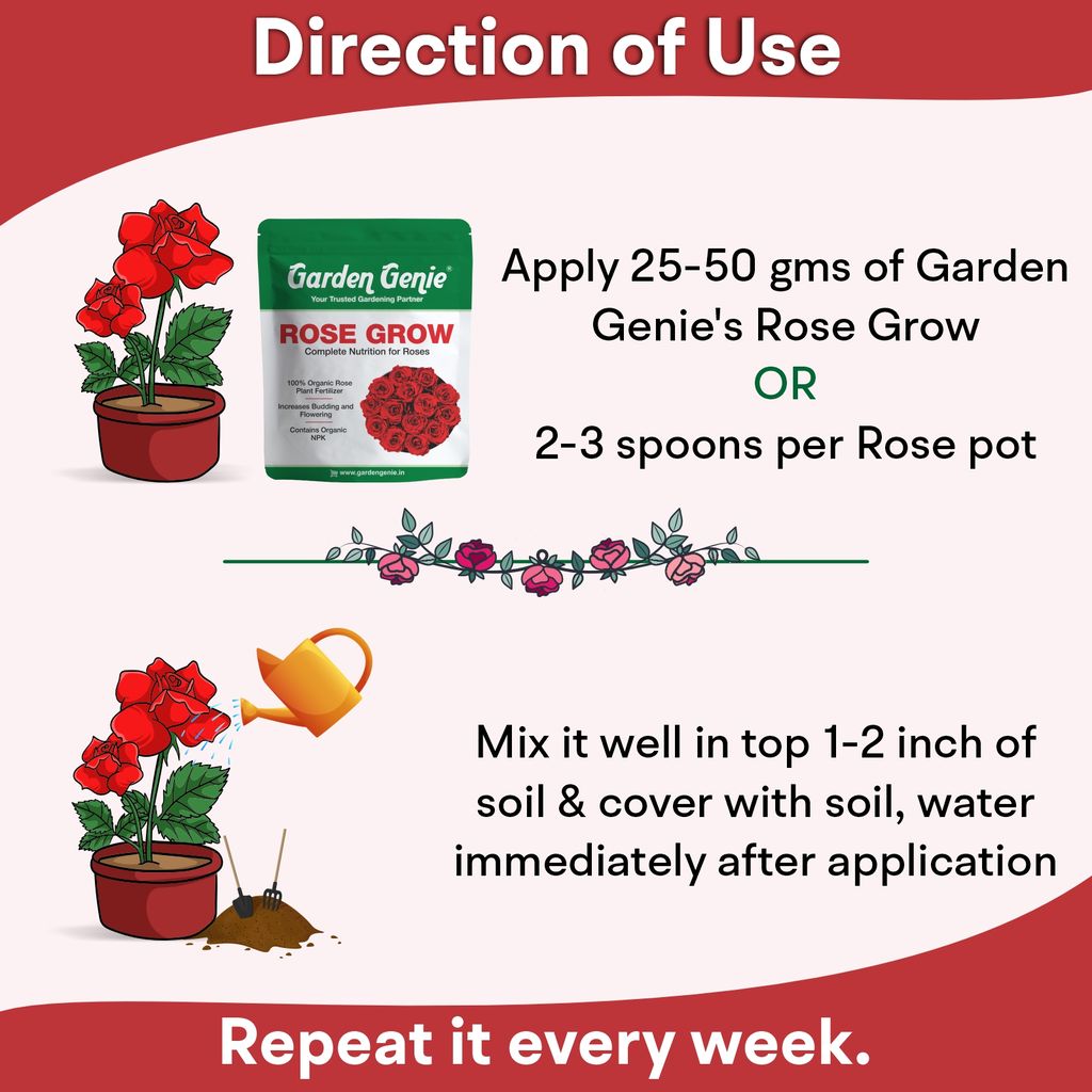 Garden Genie Rose Grow 800 Gm | Organic Plant Food Fertilizer Powder For Rose Plants | Promotes Growth, Flowering, Vibrant Blooms | Rich In Essential Nutrients