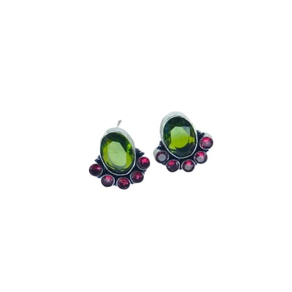 Oxidized Silver Stud Earrings with Green and Pink Stones
