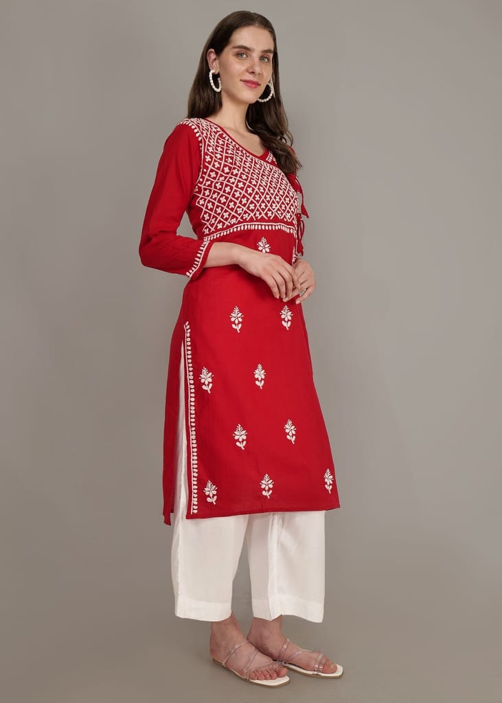 Pure Cotton Hand Embroided Lucknow Chikankar Angrakha Style Kurta - Red