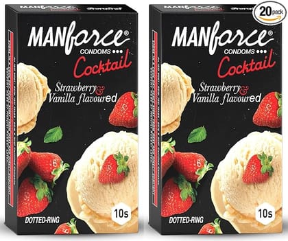 MANFORCE Cocktail Condoms with Dotted-Rings Strawberry & Vanilla Flavoured- 10 Pieces x Pack of 2 Condom (Set of 2 20 Sheets)