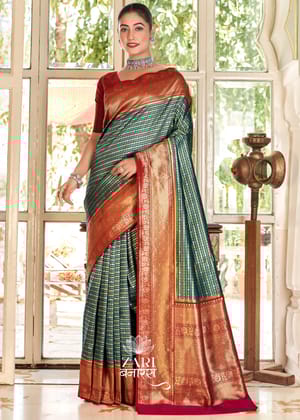 Ananda : Silver and Gold Zari Striped Kanjivaram Saree in the Shades of Blue and Pink