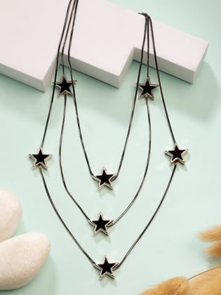 NVR Women's Black Star-Shaped Layered Fashion Necklace-Onesize / Black / Alloy
