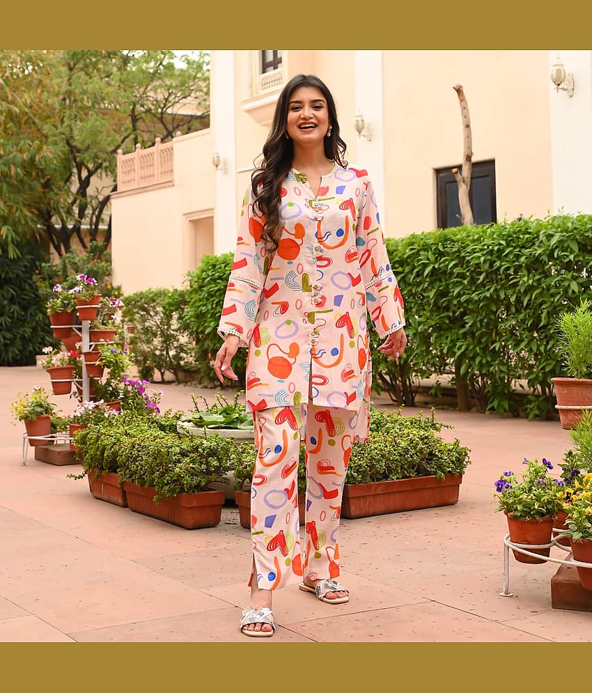 Sidhidata Women Printed Kurta With Trousers Co-Ord Set ( Peach )