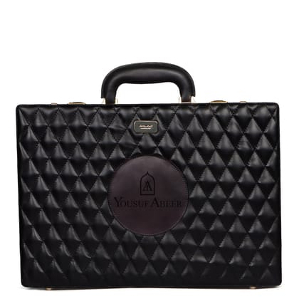 Customized Laser Initial Diamond Stitched Black Leather office briefcase in hard case with number lock system by Brune & Bareskin-FS