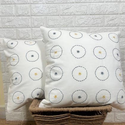 Indihomecraft Handicraft Cotton Cushion Cover - Hand Stitched Embroidery Decorative Art Boho Pillow Boho Round Shape Hand Made Pillow Cover | Square Shape 18X18 Inches Cushion Cover Set of 2