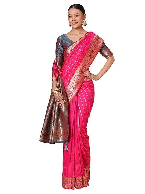 Women's Silk Blend Ethnic Motif Woven Design Saree