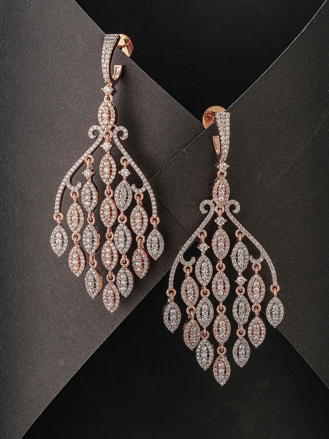 Rose Gold Plated AD Zirconia Cascading Designer Chandelier Earrings