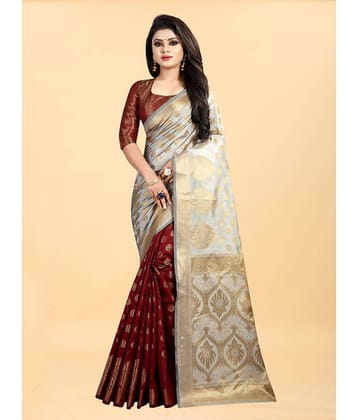 Gazal Fashions Banarasi Silk Embellished Saree With Unstitched Blouse Piece ( Cream )