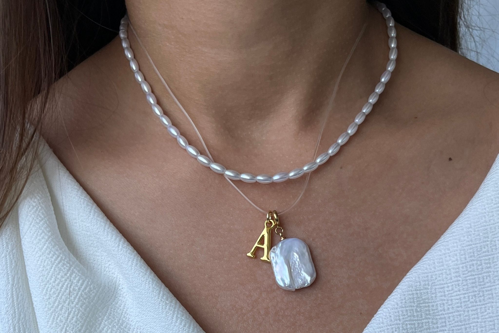 Set of 2 - Pearl Necklace with Initial + Dainty Pearl Choker-A