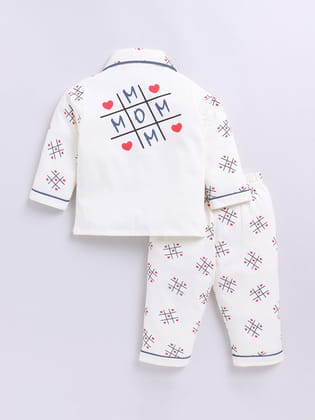 "MOM" Cream Graphic Full sleeve Night Suit-6-9 m