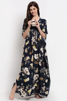 Navy Blue Floral Printed Viscose Rayon Kaftan For Woman-ONESIZE