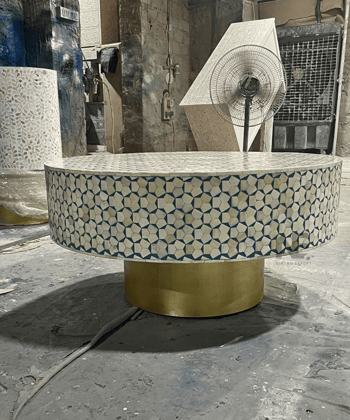 Bone Inlay Round Coffee Table | Handmade Center Table | Black & White Accent Furniture | Niktan Export