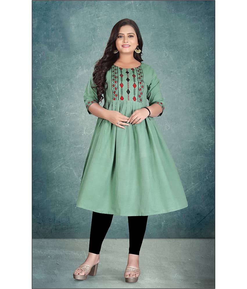 Hetsa Women Cotton Embroidered Anarkali Kurti ( Green )