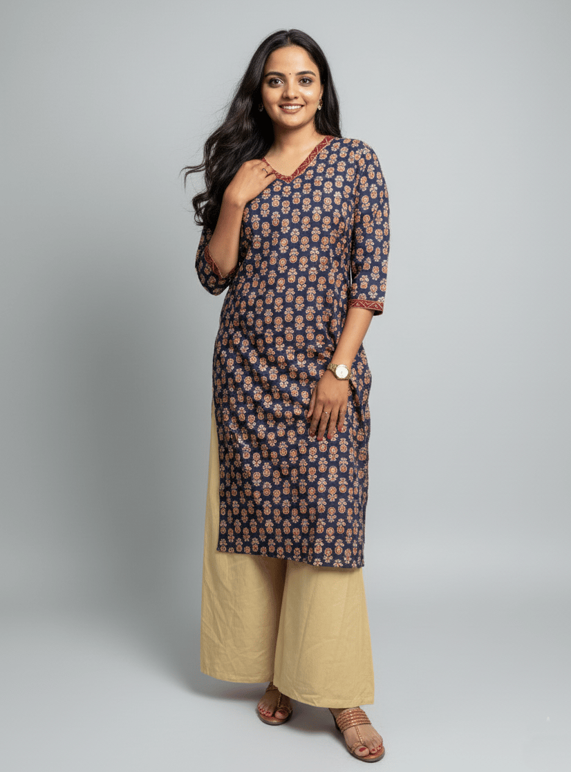 Rivaaj Ethnic Ganga Straight Kurta (Size M) | Blue Pure Cotton Fabric with Classic V-Neck | Office & Daily Wear | 3/4 Sleeves