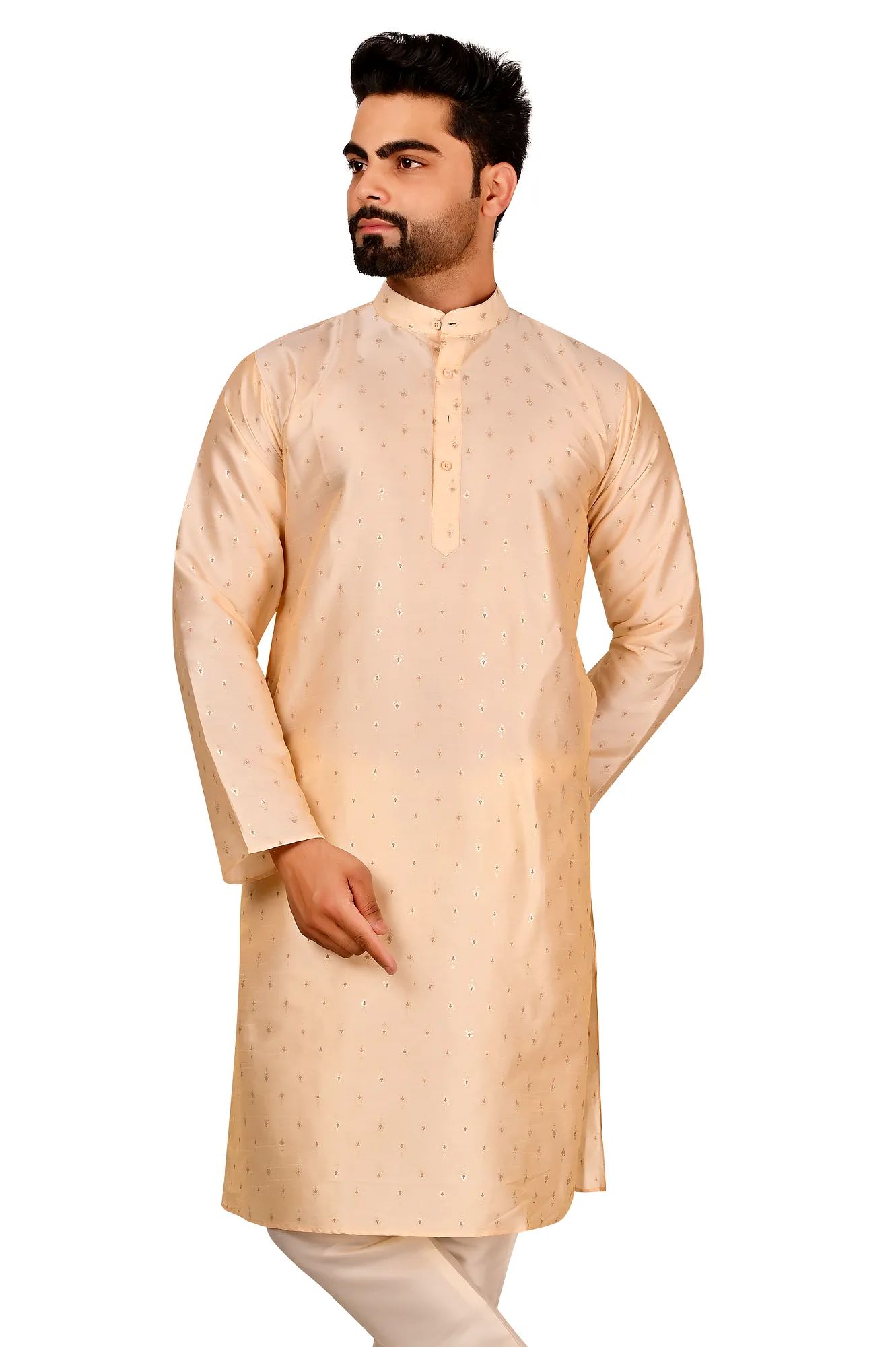 Men's Printed Silk Kurta Sets (Color - Cream, Size - 36) by G P International