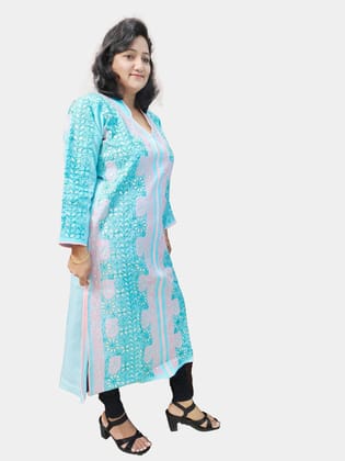 TheHangr Dual Shade Thread Work Blue Cotton Lucknowi Chikankari Kurti