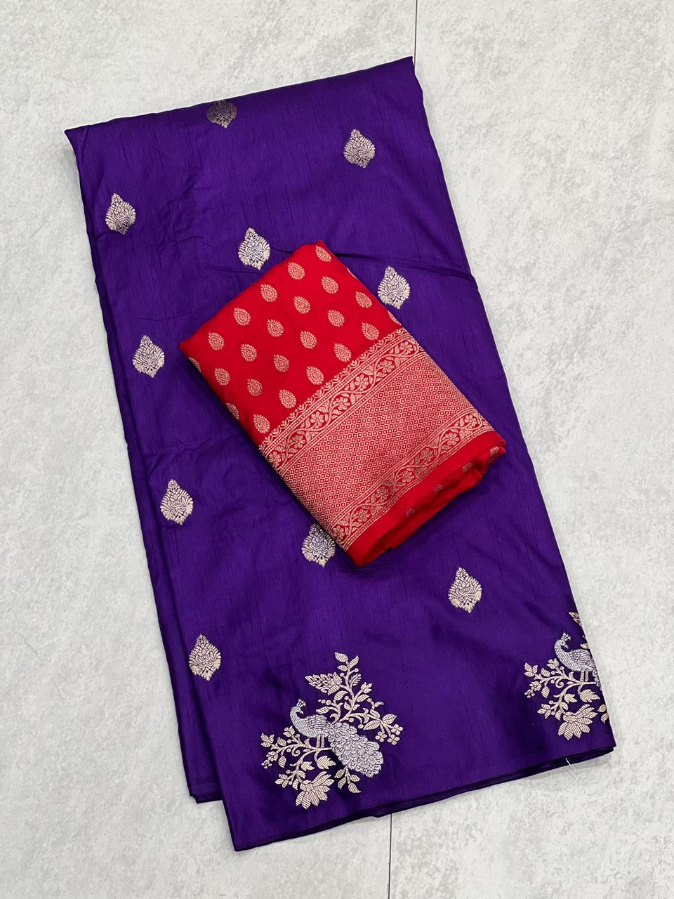 The rich and high quality soft, flowing pure Dola silk sarees with _3 types of Zari Weaving body and Zari Pallu woven pairs with contrast running blouse