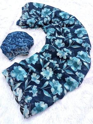 Georgette flower print saree-Swaroski border