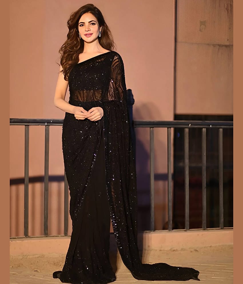 Samah Georgette Embroidered Saree With Unstitched Blouse Piece ( Black )