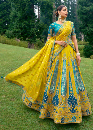 Empire Yellow And Blue Embroidered Banarasi Lehenga