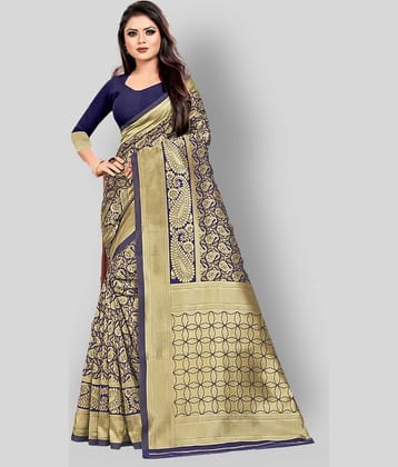 Gazal Fashions Banarasi Silk Saree With Unstitched Blouse Piece ( Blue )