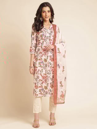 White Floral Pure Cotton Printed & Handwork Kurta Set-S