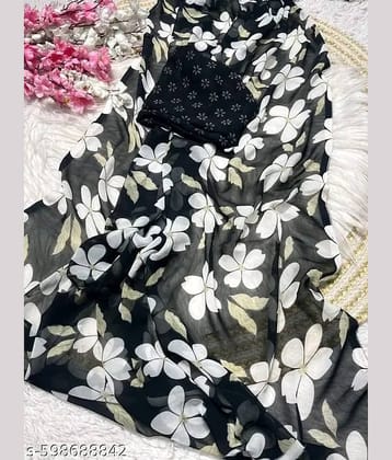 Bhuwal Fashion Georgette Printed Regular Saree With Unstitched Blouse Piece ( Black )