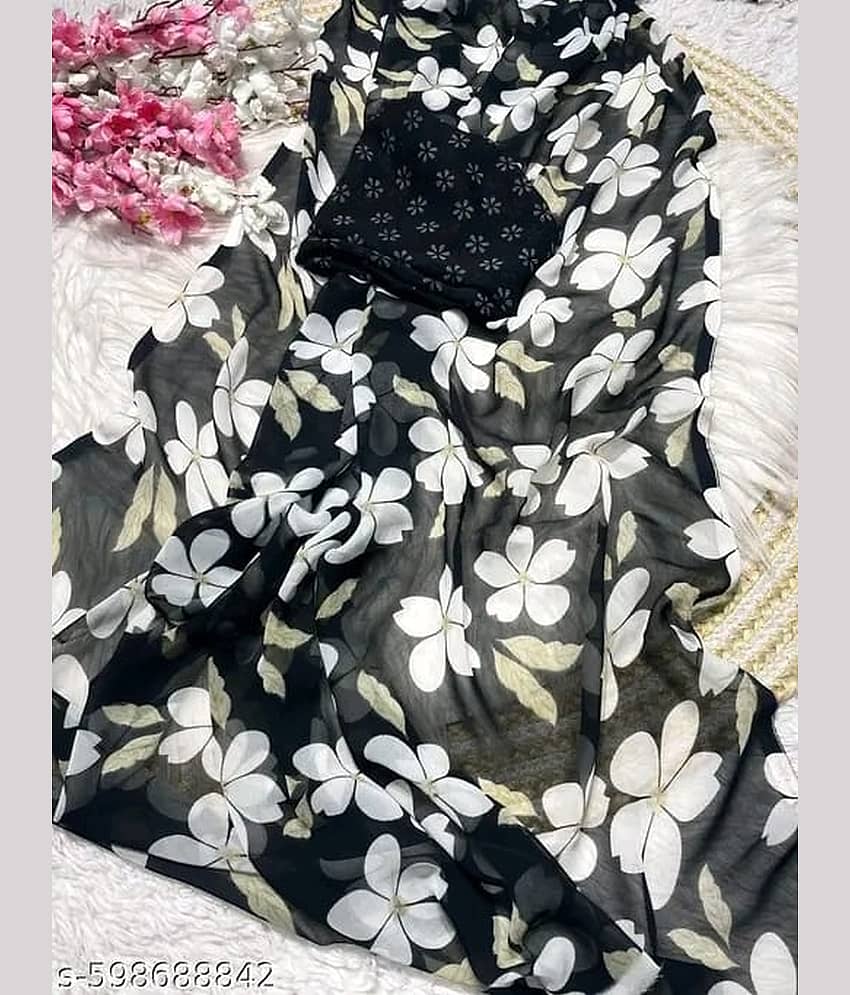 Bhuwal Fashion Georgette Printed Regular Saree With Unstitched Blouse Piece ( Black )