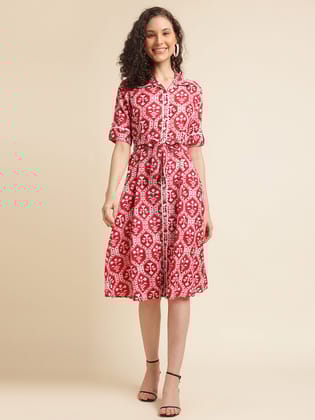 Red Half Sleeve Tunic Dress-S