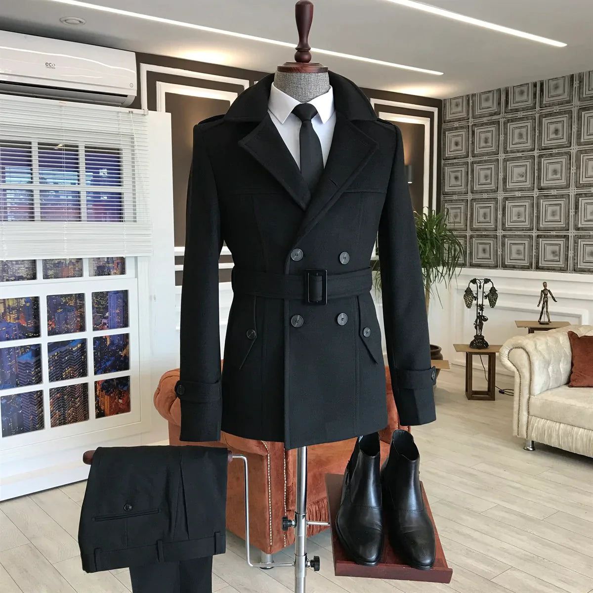 Arctic Black Double Breasted Over Coat by ITALIAN VEGA®-S-36