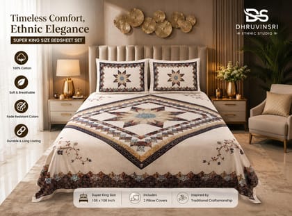 DHRUVINSRI Double King bamboo Cotton Bedsheet Ethnic 100*108 Mandala Print, Natural cotton-Beige Color