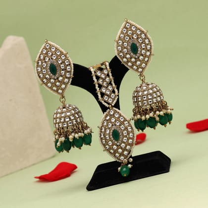 Green Color Kundan Earrings With Maang Tikka (KDTE539GRN)-Length: 9.50 CM x Width: 3.00 CM | / Green / Alloy With Good Quality Gold Plated