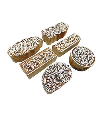PRANSUNITA Wooden Printing Blocks – 6 Hand Carved Attractive Shapes for Fabric Printing, Clay Pottery, Crafts, Body Tattoo, Scrapbook Print and More- Pack of 4 Flower & 2 Border Designs
