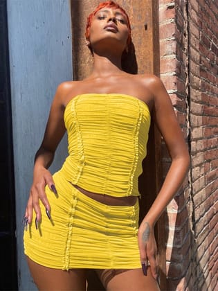 Tube Top Mesh Splicing Skirt Coord Set-S / YELLOW