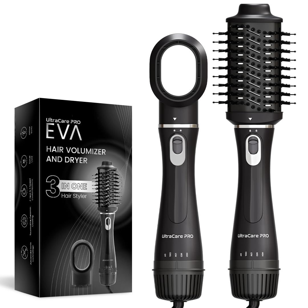 UltraCare PRO EVA Hair Volumizer and Dryer - 3 in 1 Hair styler- Dryer, Straightener & volumizer - 360* Air flow, Ionic technology, charcoal Bristles - Smooth, Frizz-Free, Voluminous Hair, 1200Watt UltraCare PRO EVA Hair Volumizer and Dryer - 3 in 1 Hair