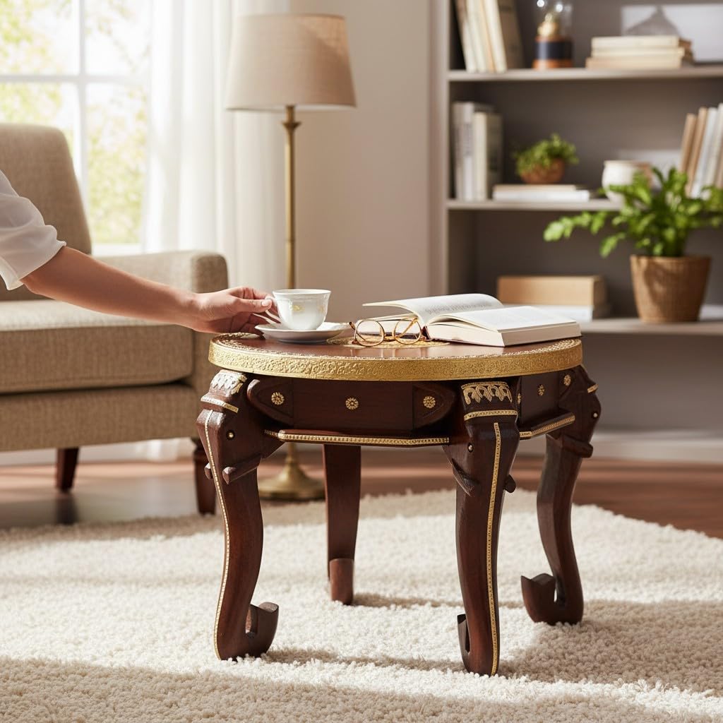 PREET GALLERY Handcrafted Wooden Elephant Leg Side Table with Brass Inlay - Traditional Indian Round Accent Table for Living Room & Home Decor,Elephant Table with Brass Inlay