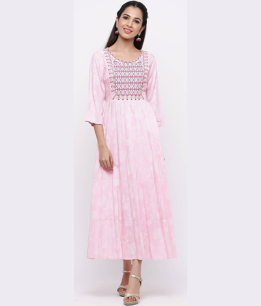 Juniper Women Rayon Embroidered Ethnic Dress ( Pink )