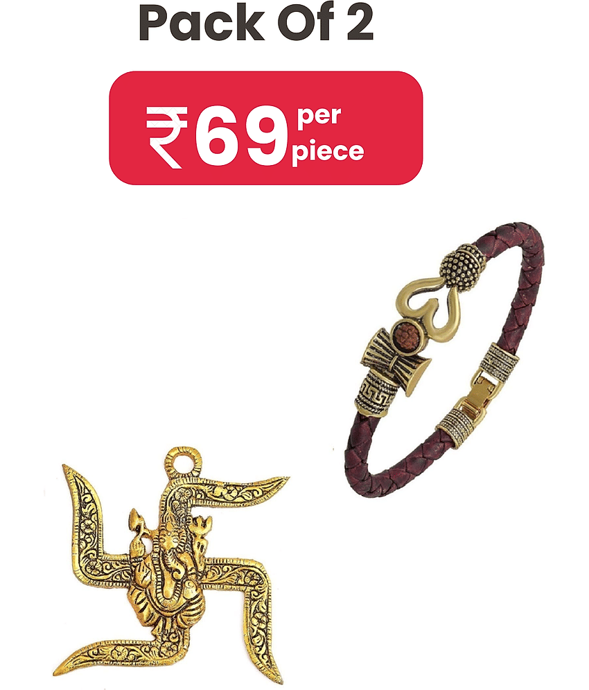 Rudraksha OM Trishul Kada Bracelet and Ganesha Om & Swastik Wall Hanging - Pack of 2
