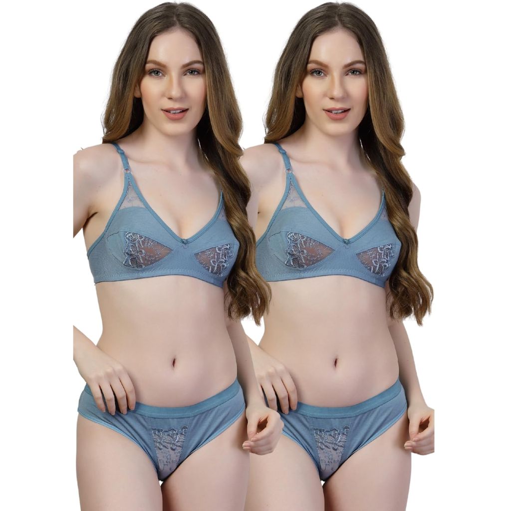 adornstar Women Cotton Lingerie Set with Solid Color Design | Non Wired and Non Padded Bra with Full Coverage Hipster Panty Set | Stylish and Soft Stretchable Fabric (Pack of 2)